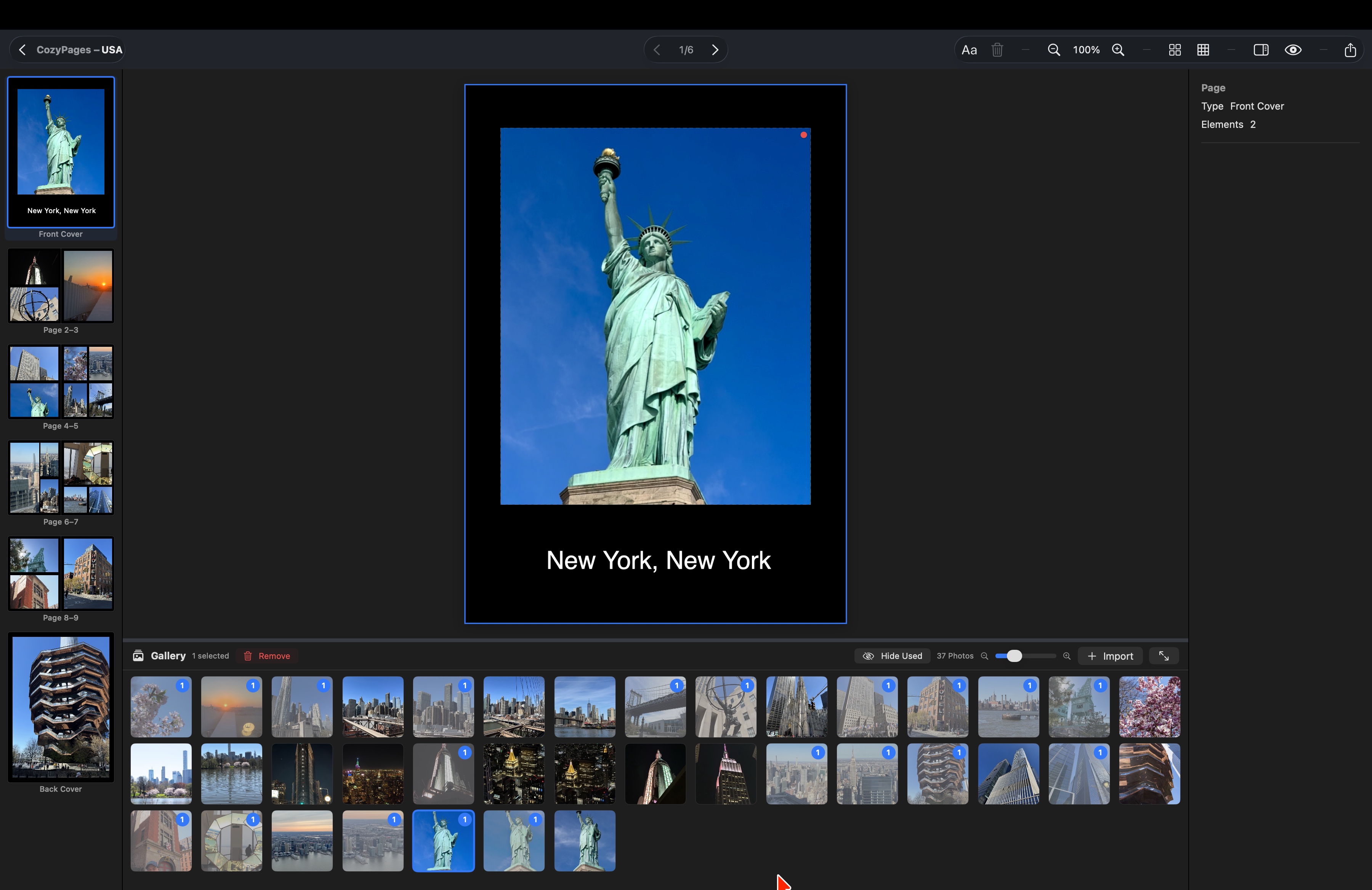 CozyPages Fotobuch Editor - Hauptansicht mit Seitenübersicht, Foto-Editor und Galerie