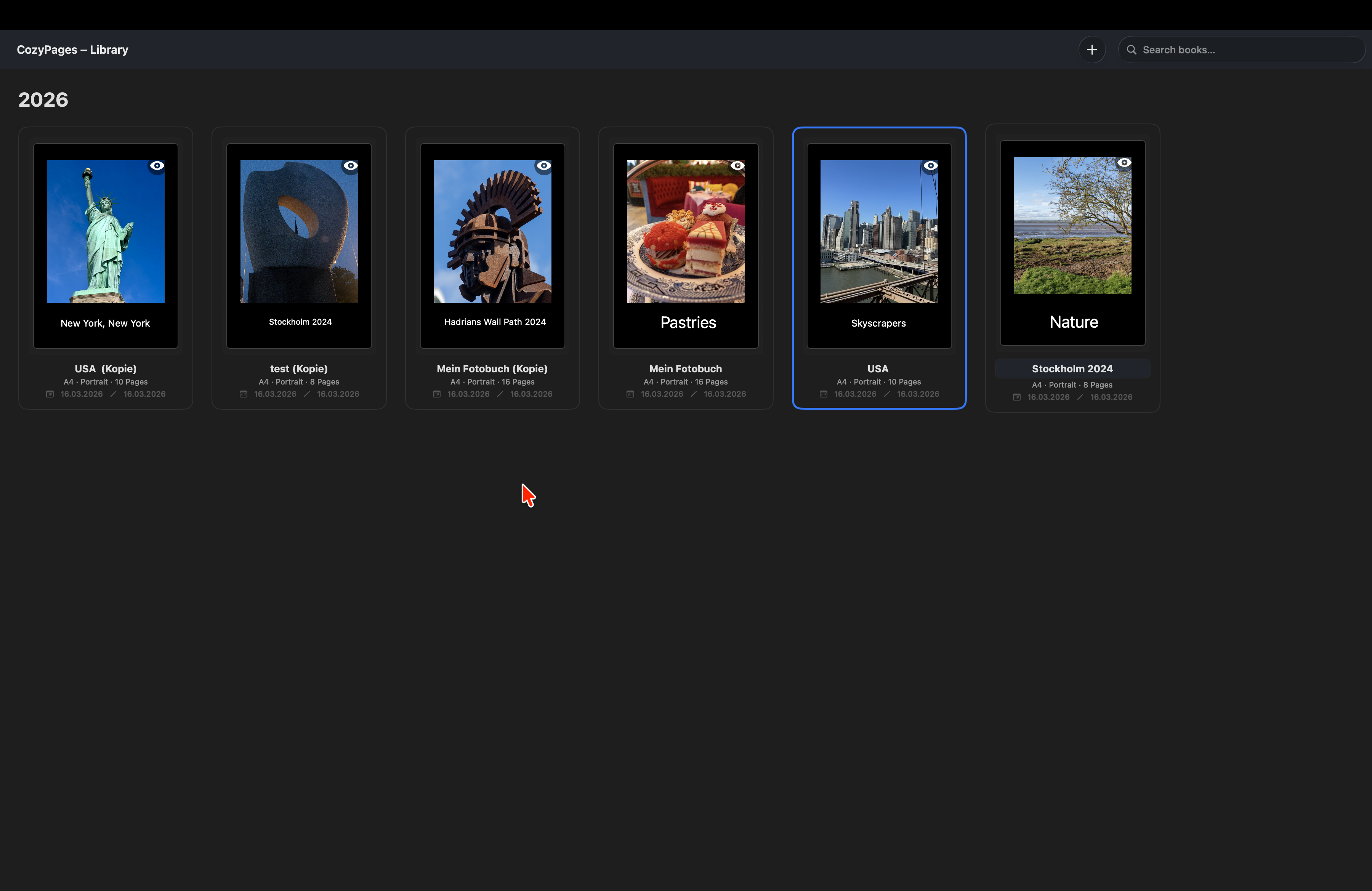 CozyPages Bibliothek-Ansicht mit allen erstellten Fotobüchern